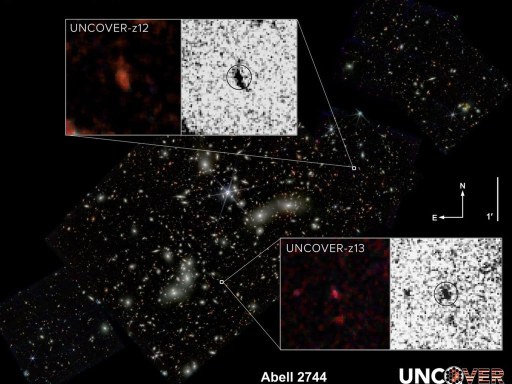 The galaxies UNCOVER-13 and UNVCOVER-z12, located in the Abell 2744 galaxy group (Image: Reproduction/NASA/UNCOVER/Bezanson et al/Wang et al/Dani Zemba/Penn State)