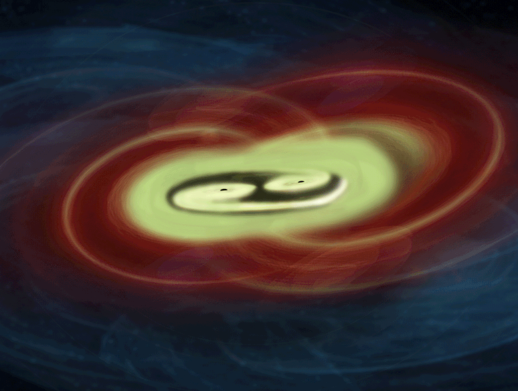 Ilustração de uma fusão entre dois buracos negros supermassivos. A energia é liberada em forma de ondas gravitacionais e eletromagnéticas; é provável que a assinatura dos raios-X seja semelhante em frequência à do sinal da onda gravitacional (Imagem: Reprodução/ESA)