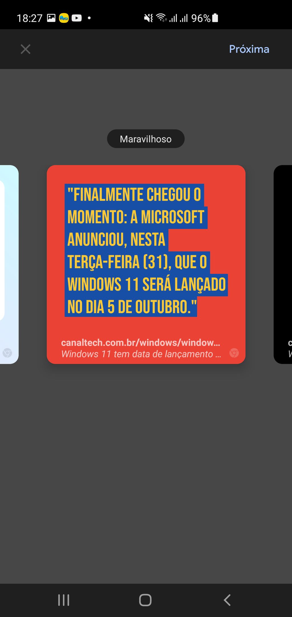 Os cards personalizados deixam o trecho do artigo prontos para estampar um post novo nas redes sociais (Captura: Alveni Lisboa/Canaltech)