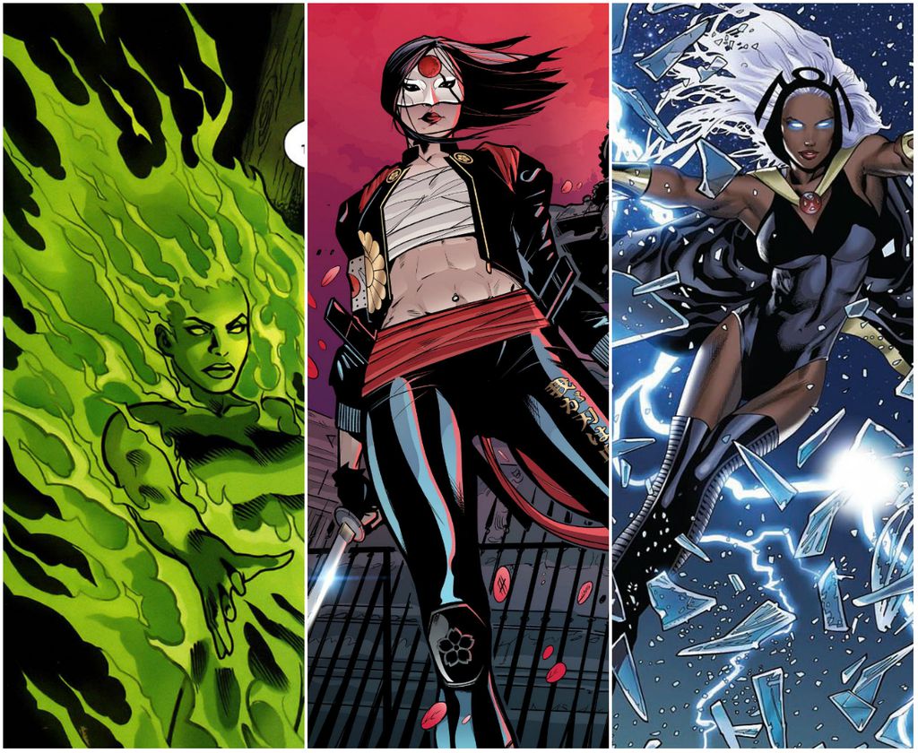Fogo (brasileira), Katana (japonesa), da DC, e Tempestade (queniana), da Marvel
