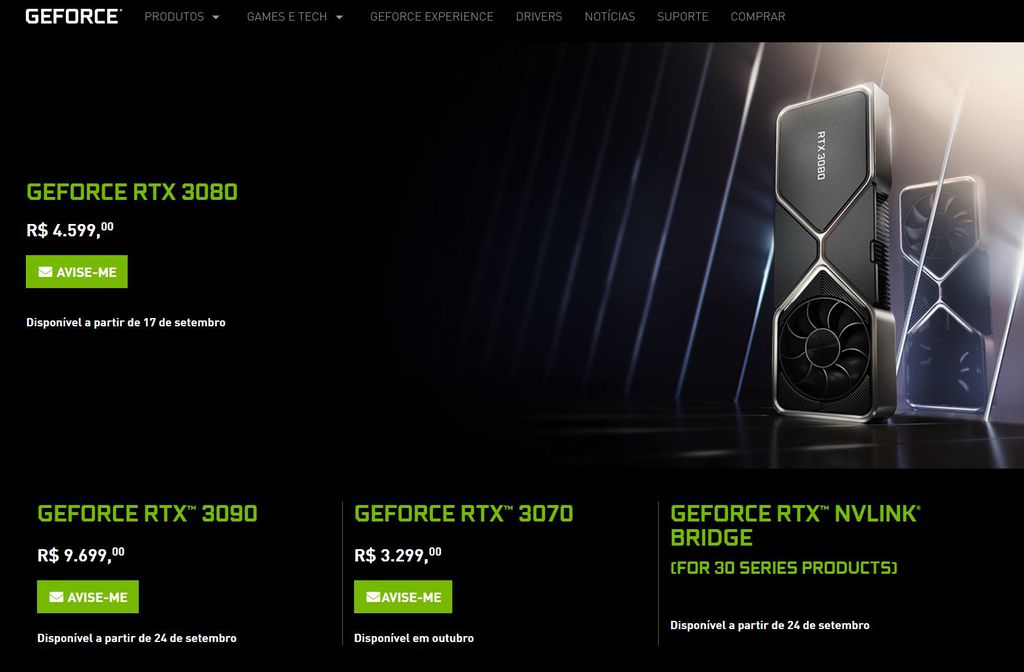 Site da Nvidia com supostos preços das RTX 3000: atualização na madrugada desta quarta-feira (02) deixou escapar os valores