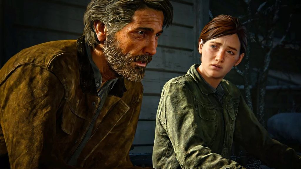 Joel e Ellie conversam em uma varanda no jogo