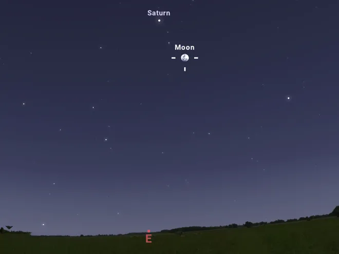 Lua e Saturno no céu por volta das 18h30 de 8 de setembro de 2022. Olhe na direção leste. (Imagem: Reprodução / Stellarium Web)