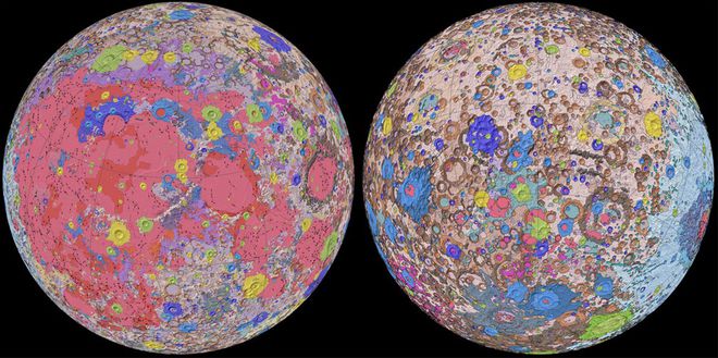 Mapa geológico da Lua (Imagem: Reprodução/NASA/GSFC/USGS)