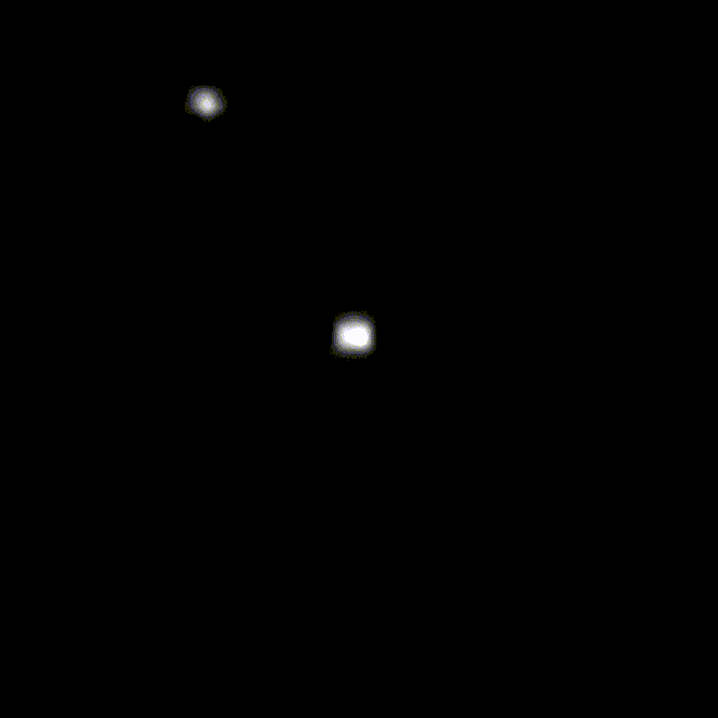 Ocultação observada pelo James Webb. A estrela aparece ao centro e depois Cáriclo passa à frente dela (Imagem: Reprodução/NASA, ESA, CSA, Nicolás Morales (IAA/CSIC)