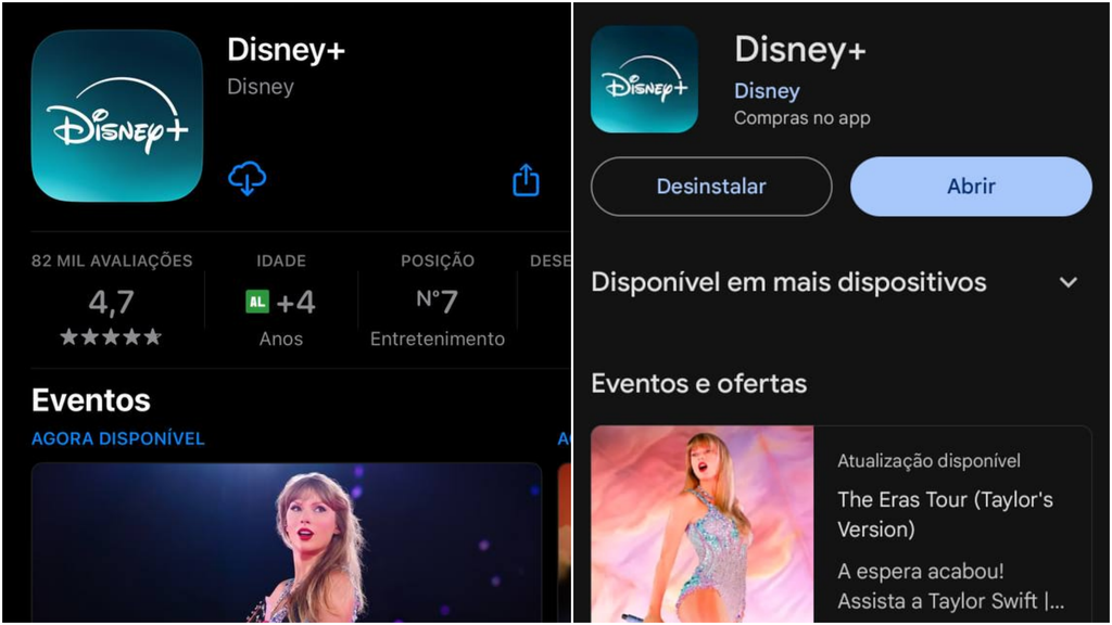 Página da Apple App Store e Google Play Store com a nova logo do Disney+ (Imagem:Captura de tela/Canaltech/André Mello)