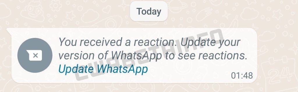 “Você recebeu uma reação. Atualize sua versão do WhatsApp para ver reações” diz o alerta do mensageiro (Captura: Reprodução/WABetaInfo)