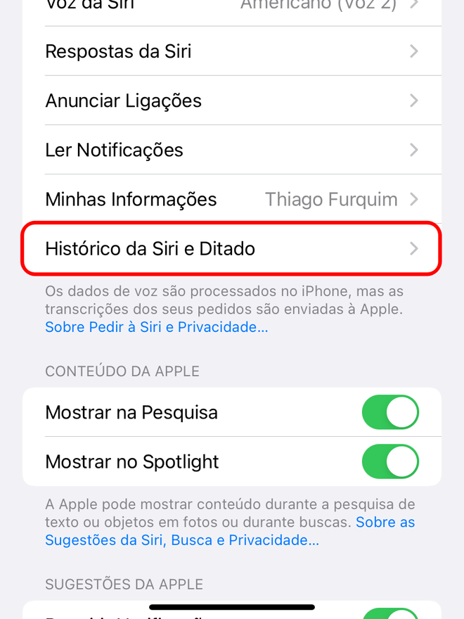 Abra a seção de "Histórico da Siri e Ditado" para apagar os dados armazenados no iCloud - Captura de tela: Thiago Furquim (Canaltech)
