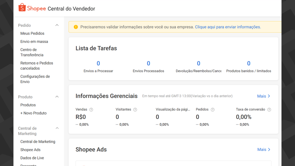 Captura de tela da Central do Vendedor Shopee