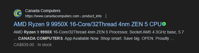 CPU Ryzen 9 9950X é listado pelo equivalente a US$ 600, 15% mais barato que lançamento dos Ryzen 9 7950X. (Imagem: Google / Reprodução)