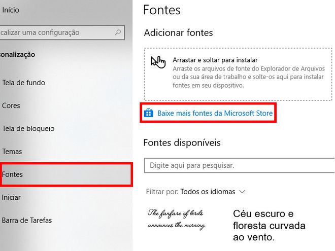 Selecione o item "Fontes" no menu lateral, e clique em "Baixar mais fontes da Microsoft Store" (Captura de tela: Matheus Bigogno)