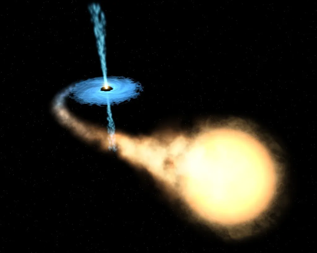 O buraco negro Cygnus X-1 e sua estrela companheira. Enquanto os buracos negros atraem matéria próxima com sua gravidade, o buraco branco faz o oposto (Imagem: Reprodução/ESA/NASA/Felix Mirabel)