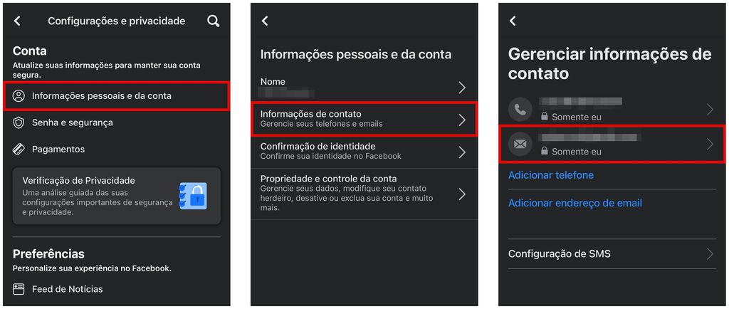 Pelo app de celular, você também pode ver o e-mail cadastrado no Facebook (Captura de tela: Caio Carvalho)