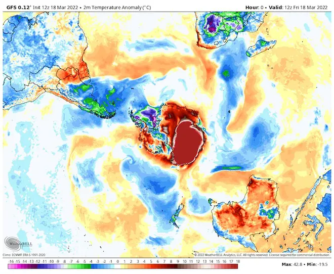 "Domo" de calor sobre a Antártida em 18 de março deste ano (Imagem: Reprodução/WeatherBell)