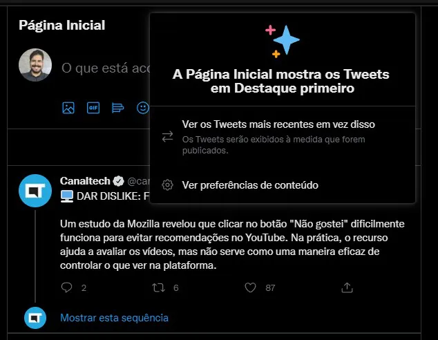 No ícone de estrelas, você define se verá os "Tweets em Destaque" ou os mais recentes primeiro (Imagem: Captura de tela/Alveni Lisboa/Canaltech)