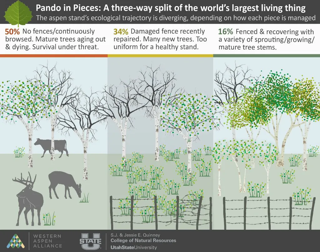 Infográfico mostrando o estado de cada parte de Pando e como a cerca agiu em cada parte (Imagem: Lael Gilbert/Utah State University)