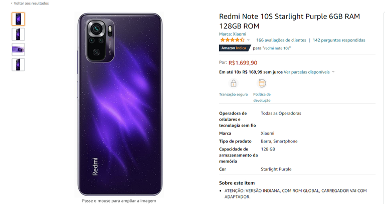 Redmi Note 10s Starlight Purple 6gb Ram 128gb Rom Canaltech Ofertas 0742