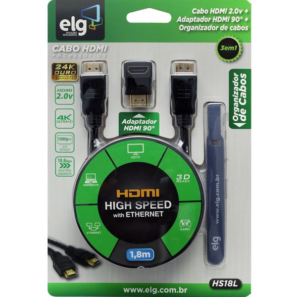 Kit HDMI - Cabo HDMI High Speed 1,8m + Adaptador HDMI 90° + Organizador De Cabos Tipo Velcro - Hs18l - ELG [CASHBACK]