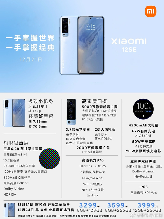 Possíveis detalhes do Xiaomi 12 SE (Imagem: Reprodução/MyDrivers)