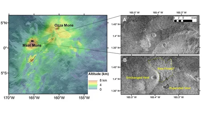 Dados da região dos vulcões Maat e Ozza Mons, em Vênus, no lado esquerdo; no lado direito, estão as observações da chaminé expandida em Maat Mons, com possíveis fluxos de lava(Imagem: Reprodução/Robert Herrick/UAF_