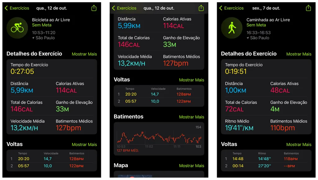Exercícios registrados pelo Watch SE no app Fitness, do iPhone (Imagem: Felipe Junqueira/Canaltech)