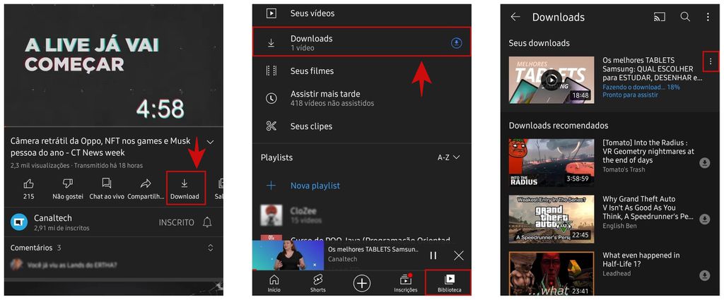 Assinantes do Youtube Premium podem baixar vídeos da plataforma, mas somente pelo aplicativo (Captura de tela: Igor Almenara)