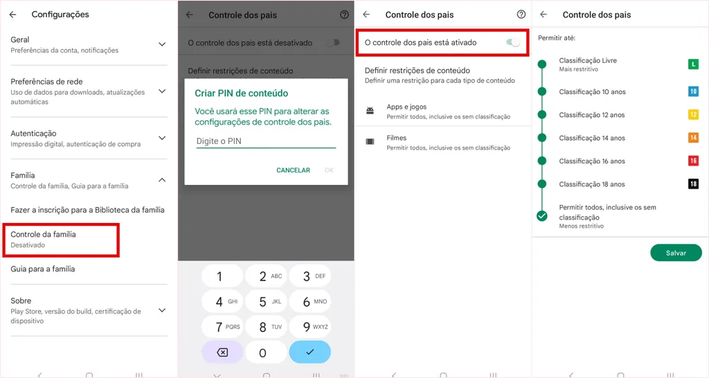 Controle o acesso a apps, jogos e filmes do Google Play de acordo com a classificação etária (Imagem: Captura de tela/Guilherme Haas/Canaltech)