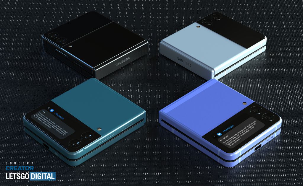O Galaxy Z Flip 3 deve chegar ao mercado mais potente e resistente que o antecessor, com Snapdragon 888, novo vidro ultrafino e estrutura "Armor Frame" (Imagem: Concept Designer/LetsGoDigital)
