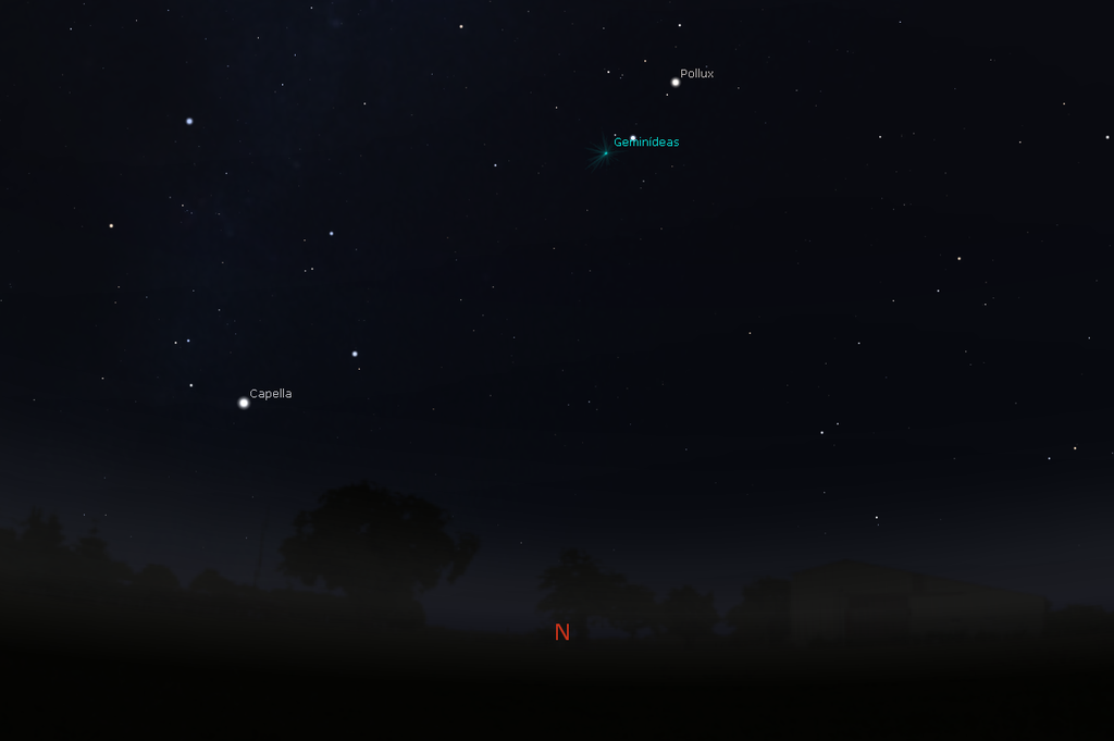 A chuva de meteoros Geminídeas aparece bem ao Norte, com radiante na constelação de Gêmeos (Imagem: Reprodução/stellarium.org)