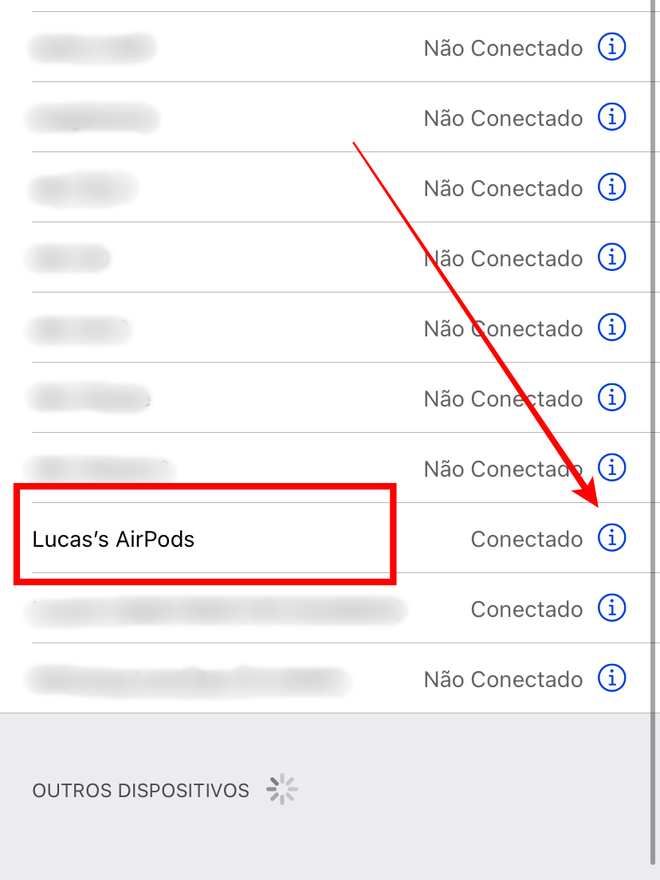 Ao encontrar os AirPods nos dispositivos listados, clique no ícone de informação. Captura de tela: Lucas Wetten (Canaltech)