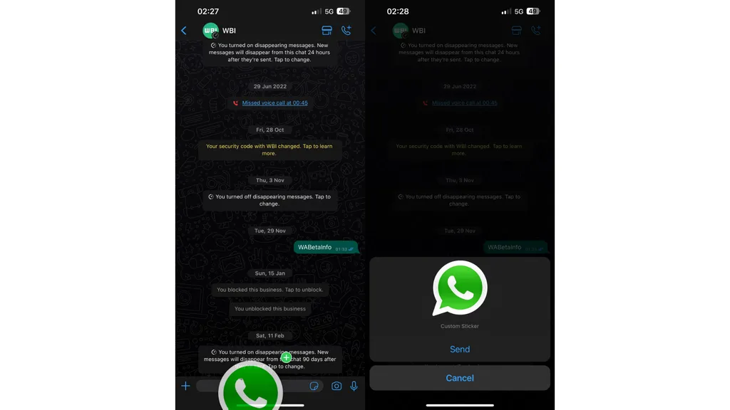O WhatsApp agora suporta imagens recortadas pelo recurso nativo do iOS 16 (Imagem: Reprodução/WABetaInfo)
