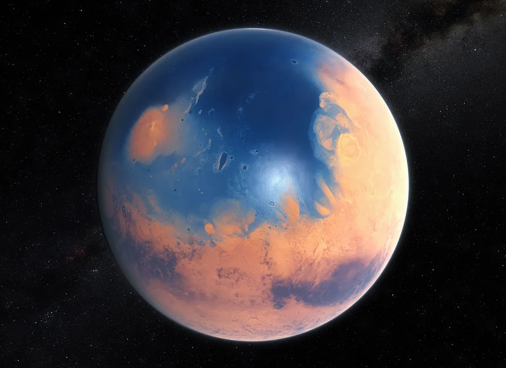 É possível que meteritos tenham levado água suficiente para formar um grande oceano em Marte (Imagem: Reprodução/ESO/M. Kornmesser/N. Risinger)
