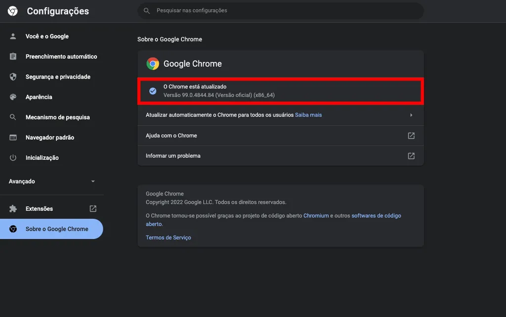Como atualizar o Chrome no PC: navegador mostra a última versão instalada (Captura de tela: Caio Carvalho)