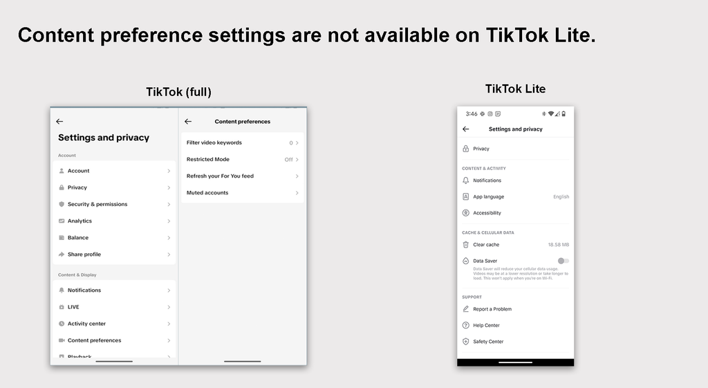 TikTok Lite não possui as configurações de preferência de conteúdo (Imagem: Reprodução/Mozilla)