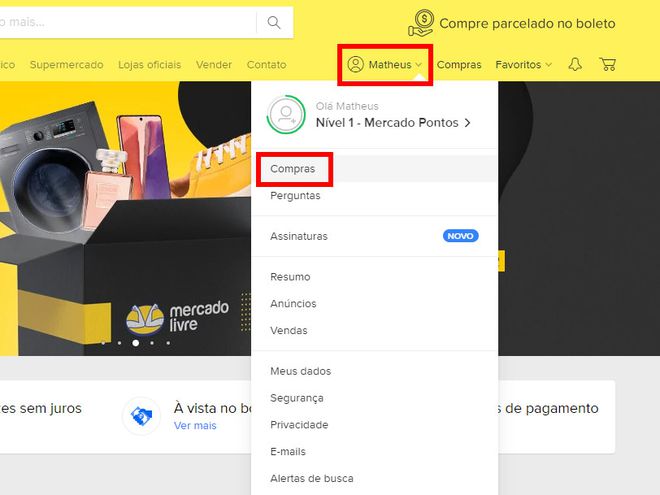 Abra o site do Mercado Livre, clique sobre o seu nome e depois em "Compras" (Captura de tela: Matheus Bigogno)