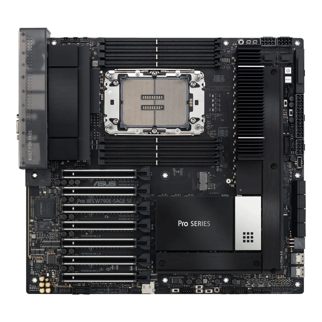 Com 7 slots PCIe 5.0 x16, a ASUS Pro WS W790E-SAGE SE é a placa-mãe mais robusta da marca para os novos Xeon W3400 e W2400 (Imagem: Divulgação/ASUS)