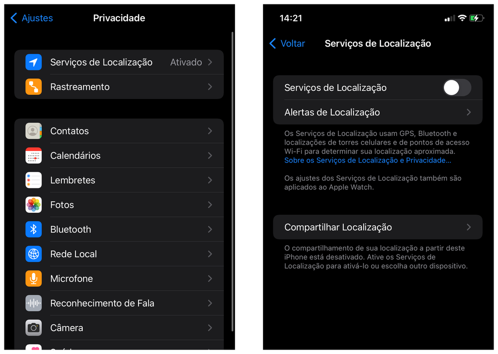 Os Serviços de Localização são um dos maiores vilões de bateria do iPhone - Captura de tela: Thiago Furquim (Canaltech)