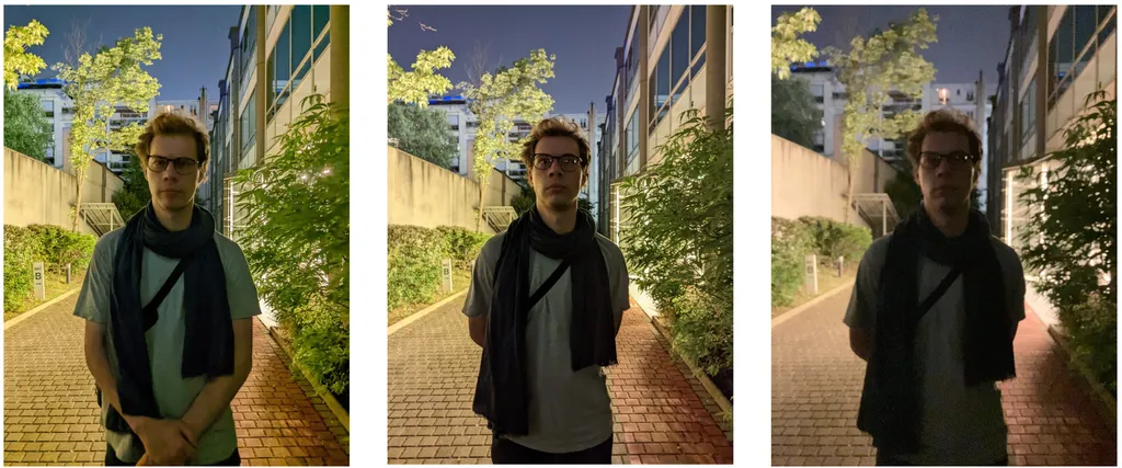Pixel 6a (esquerda) é comparado com Pixel 6 (centro) e iPhone SE 2022 (direita) em teste de fotografia em baixa luz (Imagem: Reprodução/DXOMark)