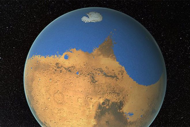 Representação de Marte com um oceano primitivo em sua superfície (Imagem: Reprodução/NASA/GSFC)