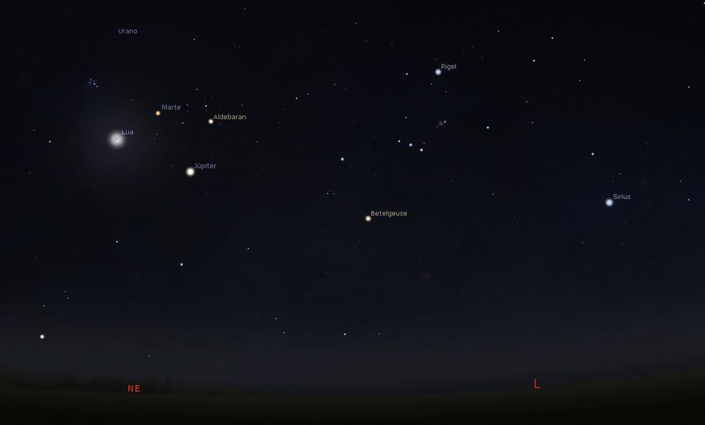 O cenário de tirar o fôlego será melhor observado a partir das 05h30 (Imagem: Captura de tela/Stellarium)