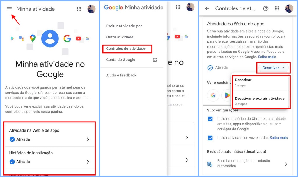 É possível desabilitar o registro de atividades do Google permanentemente no produto que você desejar (Imagem: Captura de tela/Fabrício Calixto/Canaltech)