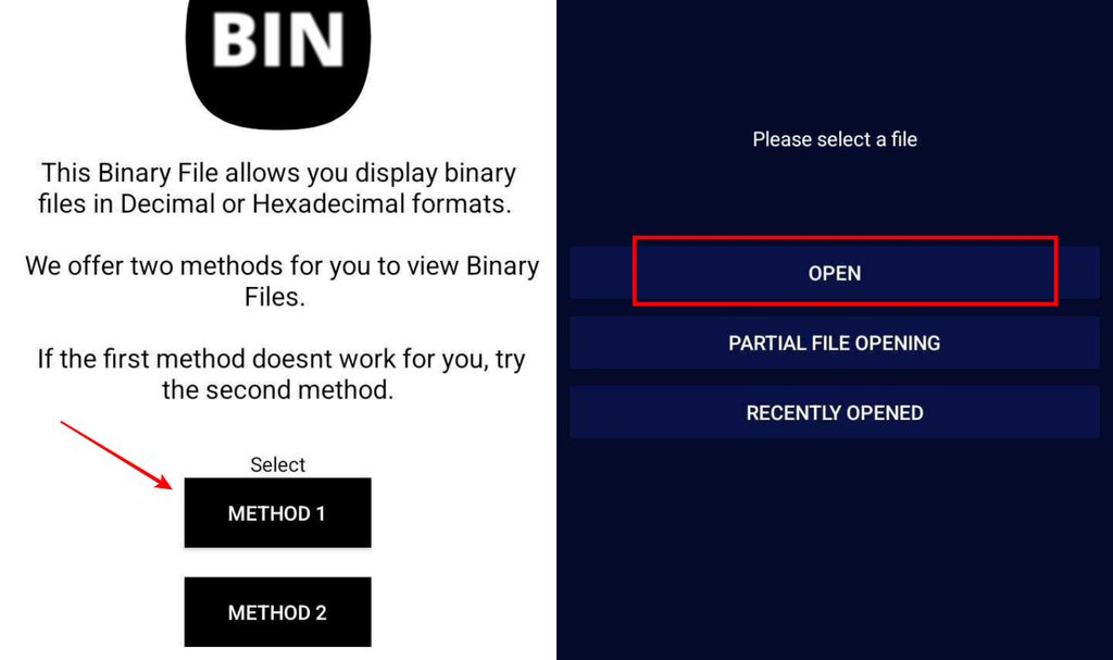 O aplicativo BIN permite abrir um arquivo para visualização de conteúdo no celular (Imagem: Captura de tela/Fabrício Calixto/Canaltech)