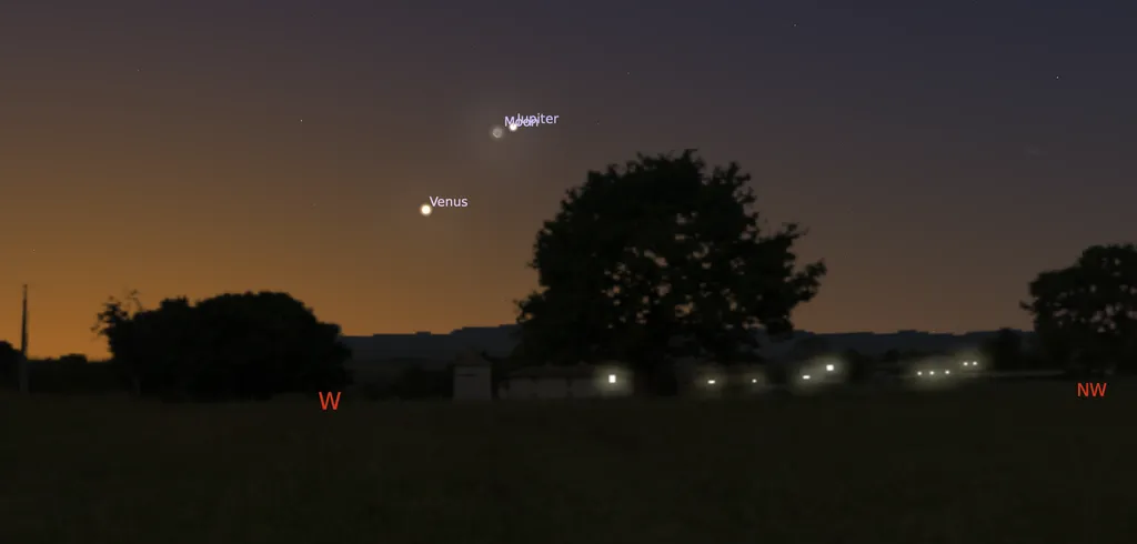 Por volta das 19h15 será possível encontrar Vênus e Júpiter perto da Lua (Imagem: Captura de tela/Stellarium)