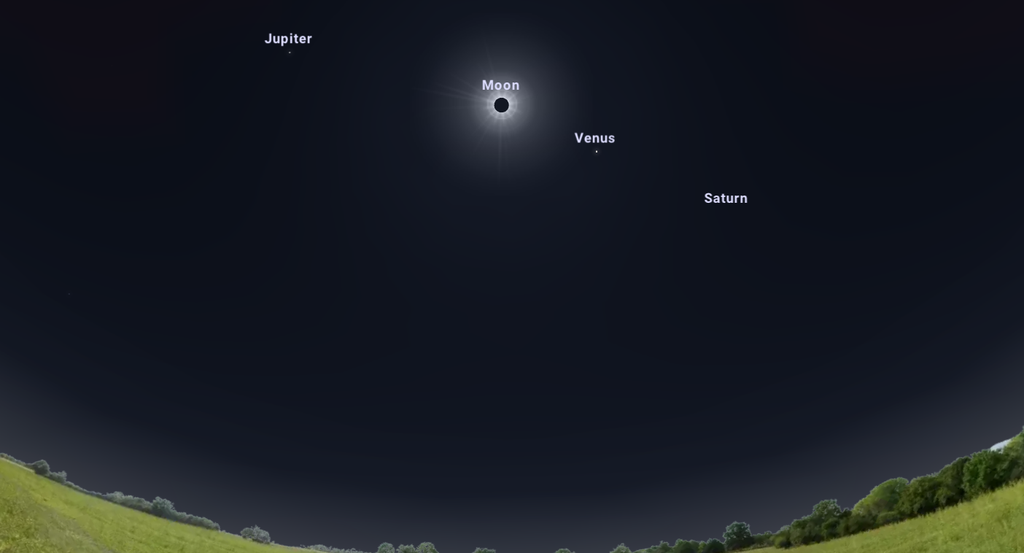 Eclipse solar visto por um observador no Texas, nos Estados Unidos; Saturno e Vênus se tornam visíveis durante o evento (Imagem: Captura de tela/Stellarium)
