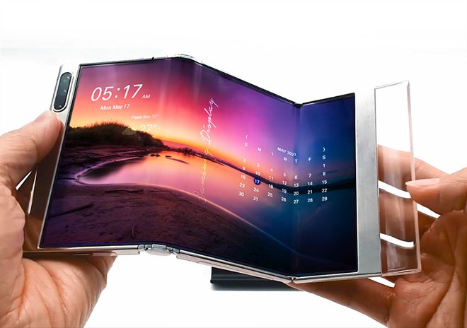 Um dos possíveis projetos de aparelhos dobráveis em que a Samsung trabalha utiliza o painel "S-Foldable", com dobras em formato de "Z" (Imagem: Divulgação/Samsung)
