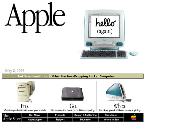 Houve mudança significativa no site da Apple em 1998 (Imagem: Reprodução/Web Design Museum)