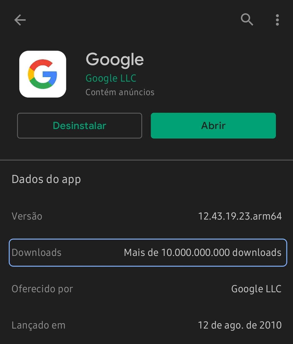 O app Google é o quinto a superar os 10 bilhões de downloads na Play Store (Captura: Igor Almenara/Canaltech)