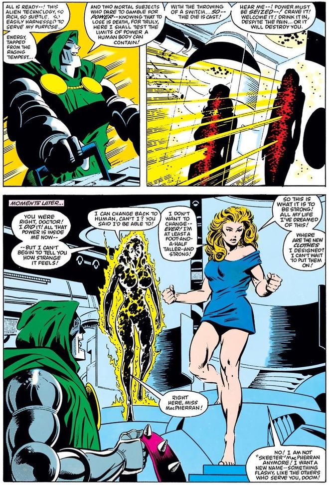 A personagem surgiu do nada para entrar em uma máquina alienígena e ganhar poderes de vilã (Imagem: Reprodução/Marvel Comics)