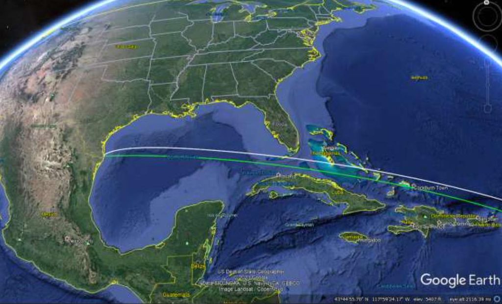 Como será a trajetória do estágio orbital durante o teste de voo (Imagem: Reprodução/SpaceX)