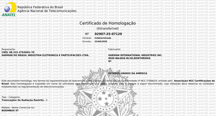 JBL Boombox 4T e JBL Boombox 4C - certificados de homologação